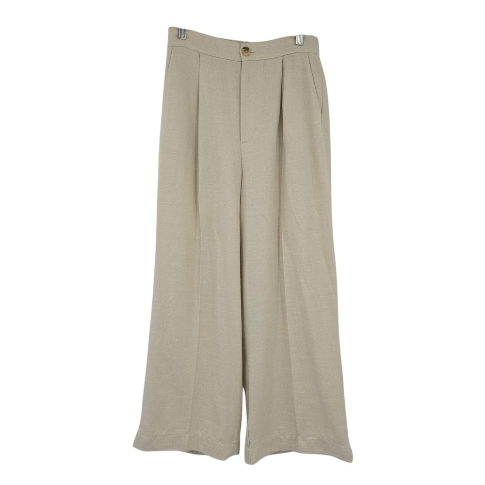 MINKPINK Trousers Womens M Beige Pleated High Rise Wide‎ Leg Linen Blend Pants